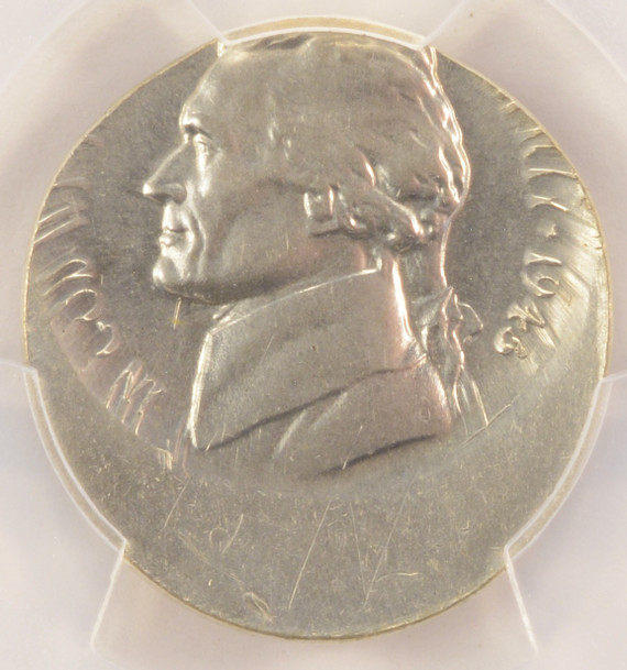 1943-P 5c War Nickel Struck 25% Off-Center PCGS UNC Details