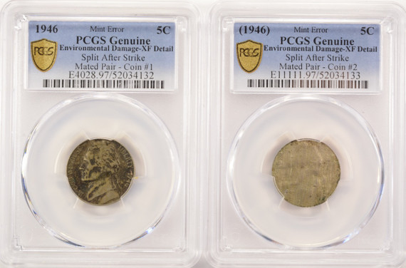 1946 5c Jefferson Nickel 2-Coin Split Planchet Mated Pair XF Details