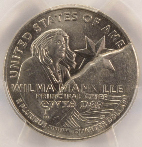 2022-P 25c Mankiller Quarter Huge Split Die & Retained Cud PCGS MS63