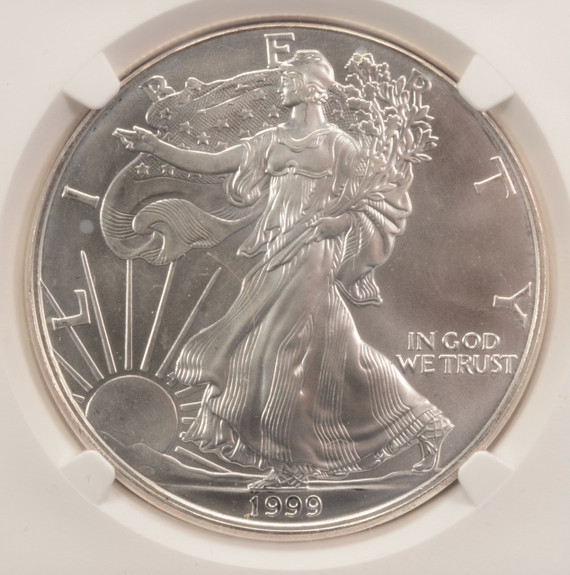 1999 $1 Silver Eagle Partial Collar Strike NGC MS68