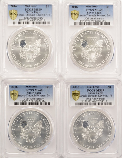 (4 coin set) PCGS $1 2016 Silver Eagle Progression Set Struck Thru Reverse MS68/69