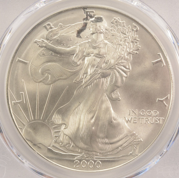 2000 $1 Silver Eagle Struck Thru Obverse PCGS MS68