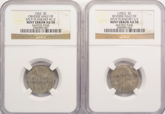 (2 Coins) 1952 5c Jefferson Nickel Split Planchet After Strike NGC AU58