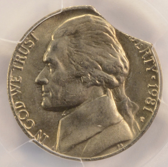 1981-P 5c Jefferson Nickel Curved Clip at K-1 PCGS MS65