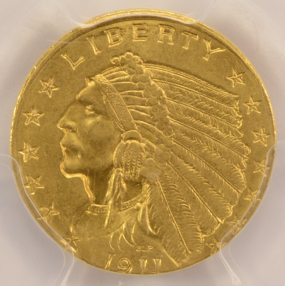 1911 $2 1/2 Indian Quarter Eagle Struck 2% Off-Center PCGS MS62