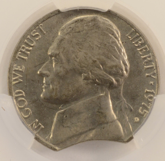 1975-D 5c Jefferson Nickel 5% Curved Clip at K-6 CACG MS64