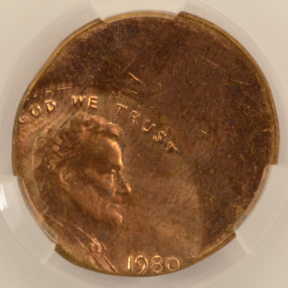 1980-x 1c Lincoln Cent Struck 45% Off-Center CACG MS63 Red