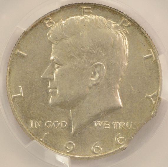 1966 50c Kennedy Half 2% Curved Clip CACG AU58