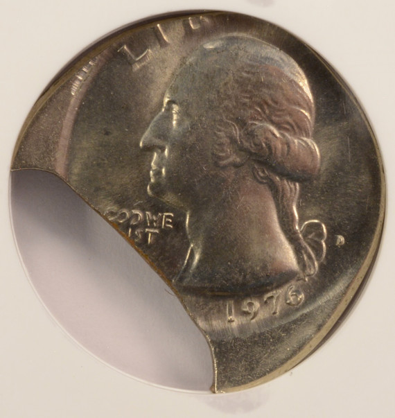 1976-D 25c Bicentennial Quarter 25% Off-Center & 20% Curved Clip NGC MS66