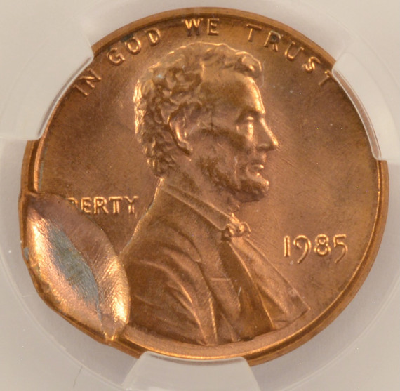 1985 1c Lincoln Cent 5% Brockage CACG MS65 Red