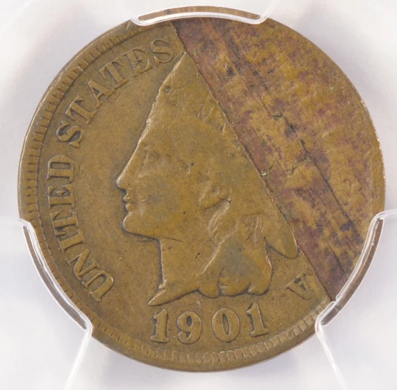 1901 1c Indian Cent 30% Split Planchet After Strike PCGS F15