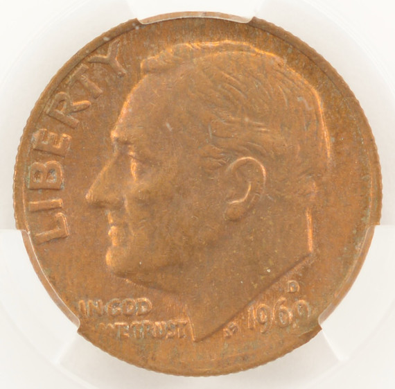 1969-D 10c Roosevelt Dime Missing Obverse Clad Layer CACG AU58