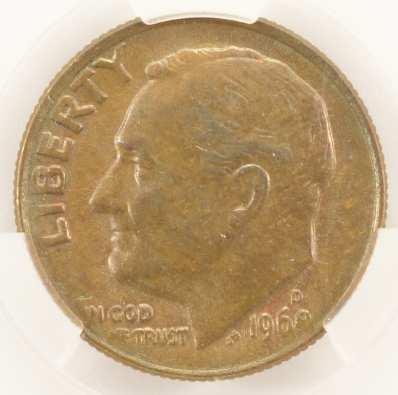 1968-D 10c Roosevelt Dime Missing Obverse Clad Layer CACG AU58 BN