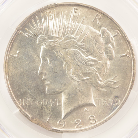 1923 $1 Peace Dollar Curved Clip at 7:00 CACG MS61