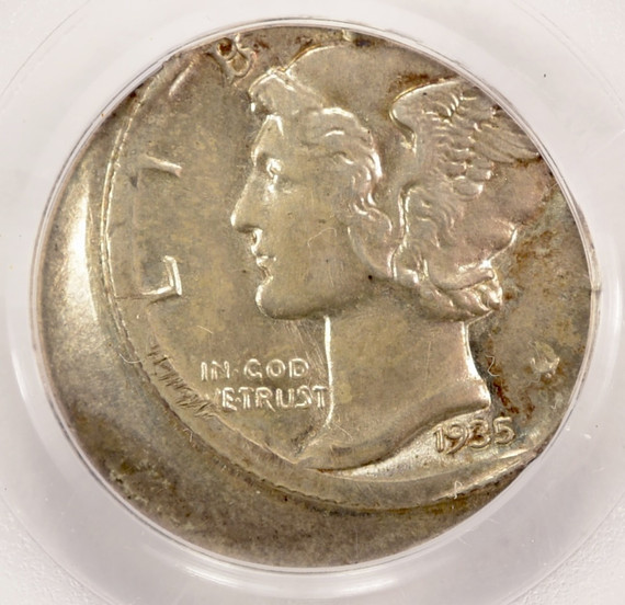 1935 10c Mercury Dime Struck 20% Off-Center PCGS MS63