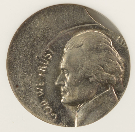 5c Jefferson Nickel Struck Off-Center and Curved Clip ANACS MS60