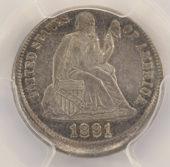 1891 10c Seated Dime Struck 5% Off-Center PCGS AU58