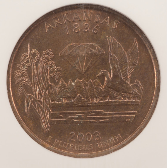 2003-P 25c Arkansas Statehood Quarter Missing Reverse Clad Layer NGC MS65 RB