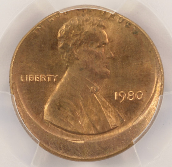 1980 1c Lincoln Cent Struck 12% Off-Center PCGS MS65 Red