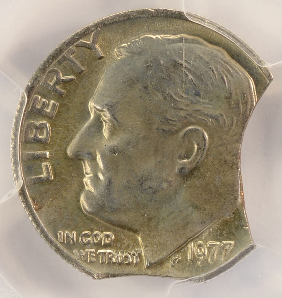 1977 10c Roosevelt Dime 12% Double Curved Clipped PCGS MS65