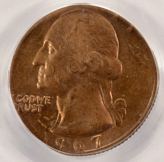 1967 25c Washington Quarter Struck on Cent Planchet PCGS MS63 RB