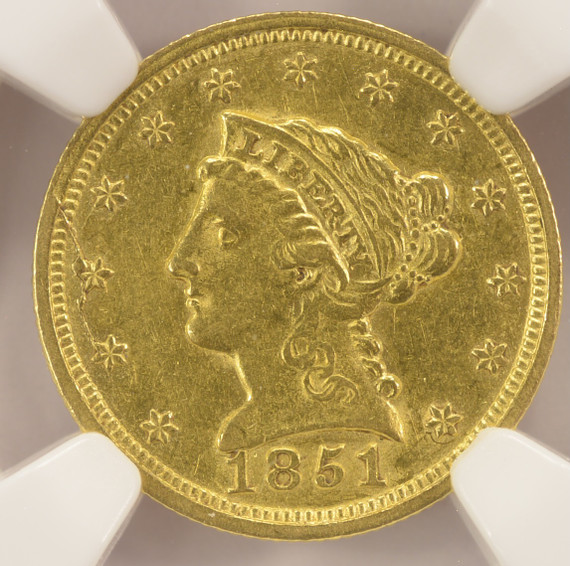 1851 $ 2 1/2 Liberty Quarter Eagle Retained Cud Major Die Break NGC AU58