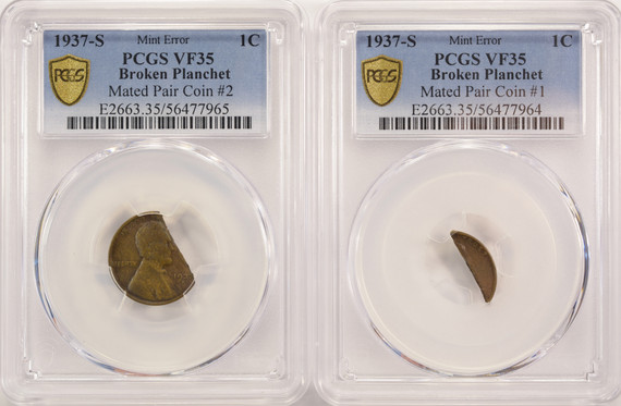 1937-S 1c Wheat Cent 2-Coin Mated Pair Broken Planchet PCGS VF351937-S 1c Wheat Cent 2-Coin Mated Pair Broken Planchet PCGS VF35