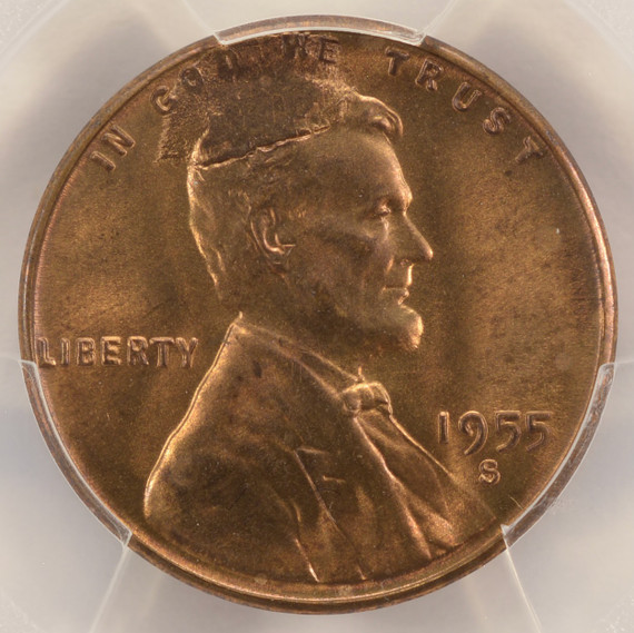 1955-S 1c Wheat Cent Cud Die Break & Die Damage PCGS MS66 Red1955-S 1c Wheat Cent Cud Die Break & Die Damage PCGS MS66 Red