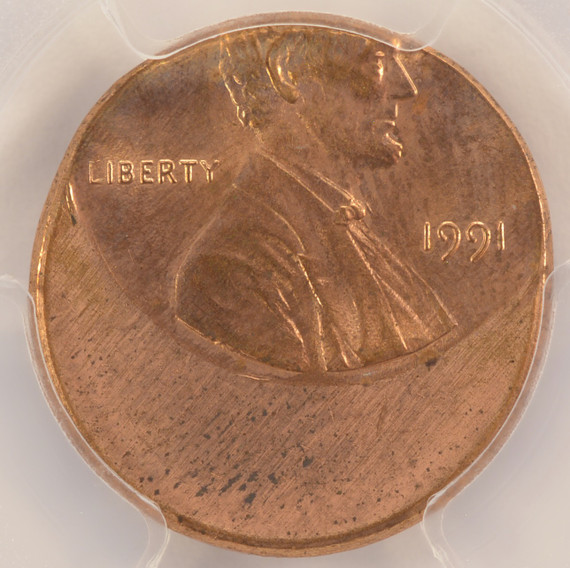 1991 1c Lincoln Cent Struck 30% Off-Center PCGS MS65 Red