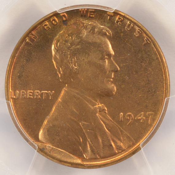1947 1c Wheat Cent Cud Major Die Break PCGS MS62 Red