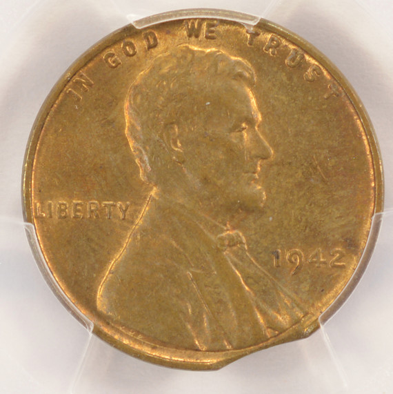 1942 1c Wheat Cent Curved Clip at 5:00 PCGS MS64 RB