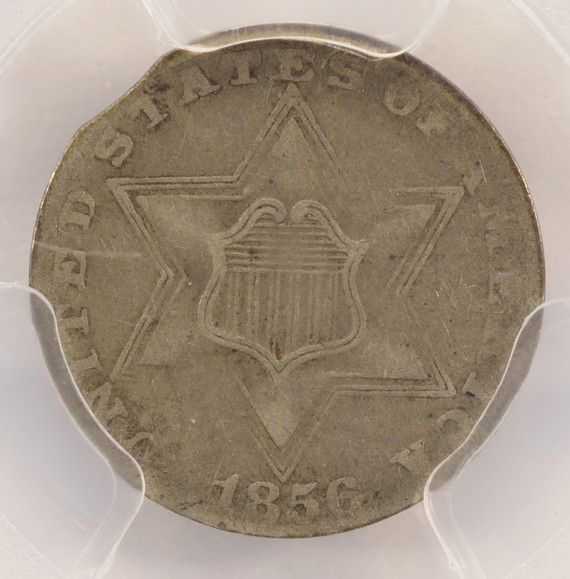 1856 3CS There Cent Silver 2% Curved Clip PCGS VF30