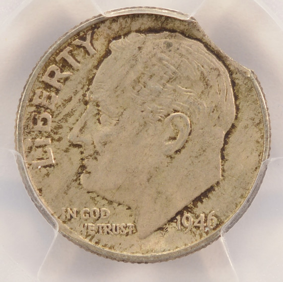1946 10c Roosevelt Dime 3% Curved Clip PCGS MS64