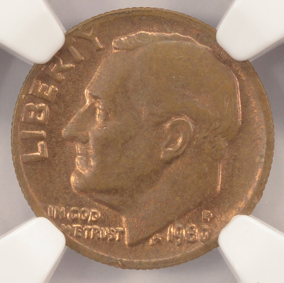 1980-P 10c Roosevelt Dime Missing Clad Layer Obverse NGC MS62 RB