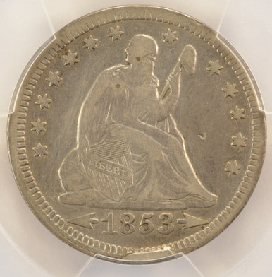 1853 25c Arrows/Rays Seated Quarter Cud Die Break Obverse PCGS VF