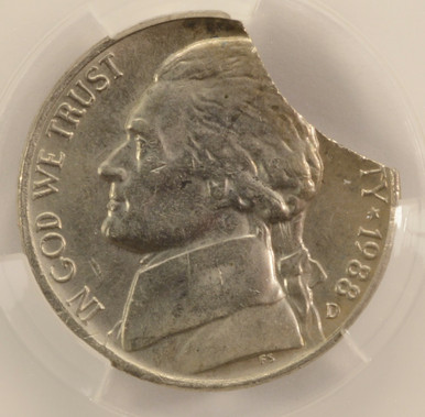 1988-D 5c Jefferson Nickel 6% Curved Clip CACG AU58
