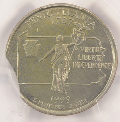 Cos Sign Quarter 1999-D 25c Pennsylvania Quarter 3% Curved Clip at 8:00 PCGS MS64