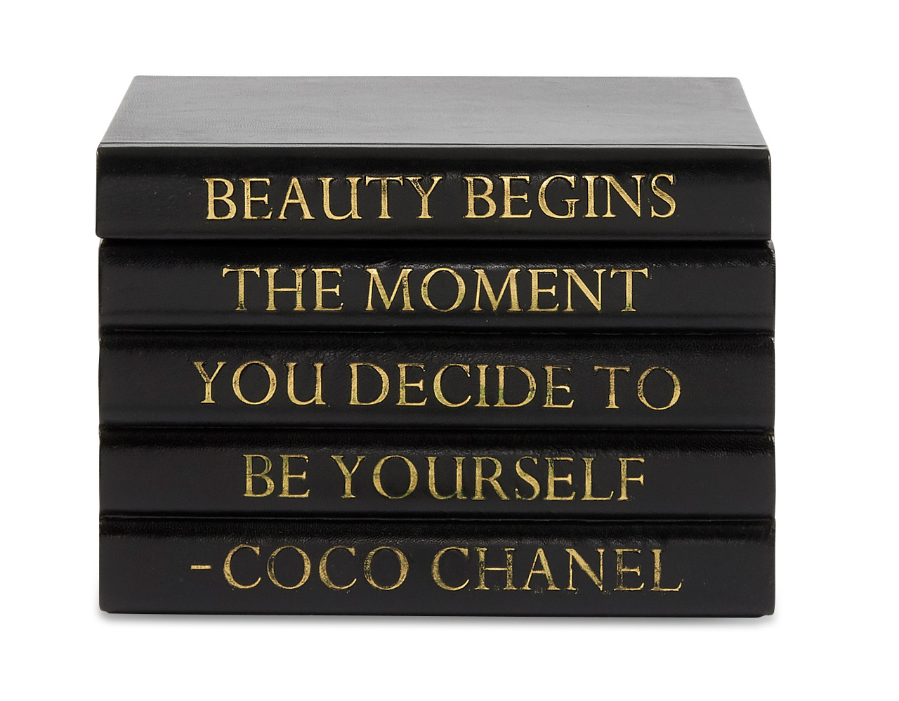 Black leather box with gold lettering Beauty begins Coco Chanel Quote  - E Lawrence, LTD.