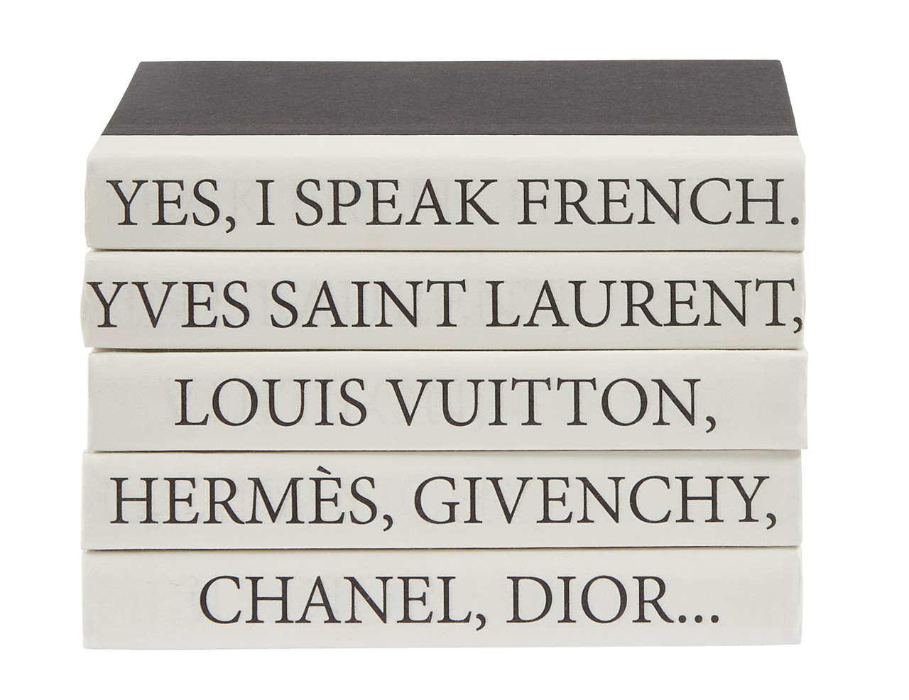 Decorative book stack with I Speak French quote on Muted