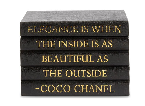 5 vol. quote stack of black leather books with gold Coco Chanel Quote " elegance is when..." - Lawrence, LTD.