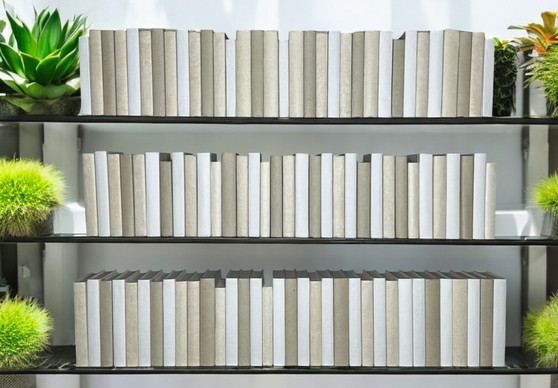White, natural and taupe parchment bound spines.  Clean and light.  Book covers vary.-100 Books/ 8.5"-9.5"