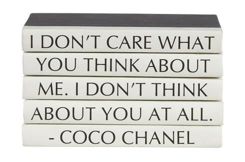 Stack of White Leather Bound Books with Coco Chanel Quote I Don't Care  (VH-STACK5-WHT-THINK)