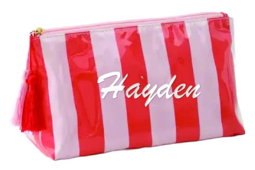 Personalized Travel Stripe Cosmetic Pouch - Pink Red