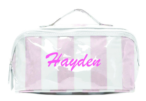 Personalized Checker Stripe Flat Cosmetic Pouch - Pink White
