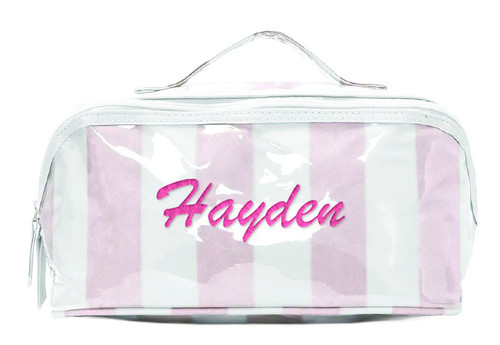 Personalized Checker Stripe Flat Cosmetic Pouch - Pink White