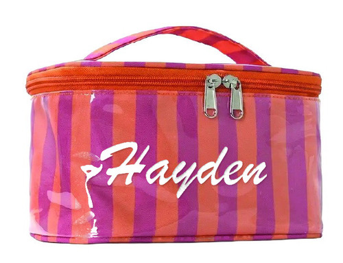 Personalized Striped Vinyl Travel Pouch - Fuchsia Orange