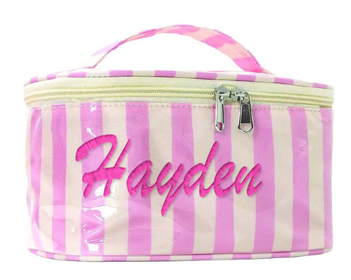 Personalized Striped Vinyl Travel Pouch - Pink Yellow