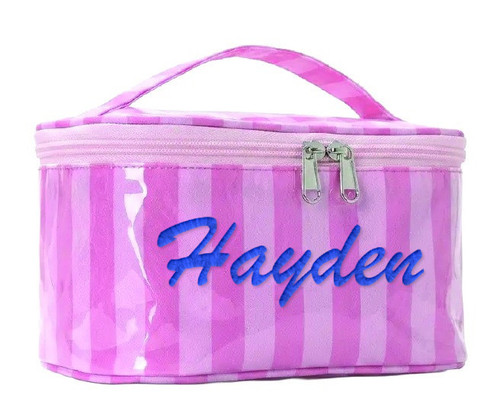 Personalized Striped Vinyl Travel Pouch - Fuchsia Pink