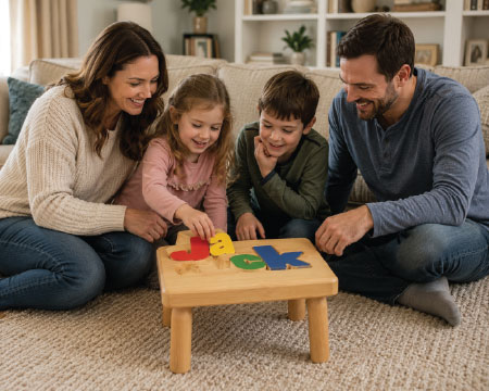 Two parents and two young children on a living room floor, assembling a personalized wooden name puzzle that spells Jack.