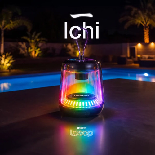 Uniden LOOOP Ichi portable Bluetooth speaker with magnetic base attached to metal surface